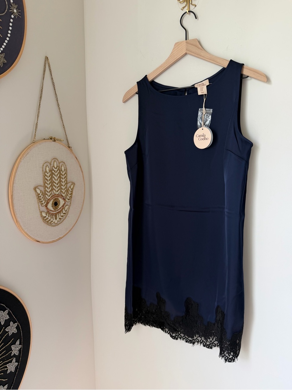 Camila Coelho Navy blue black lace trim sleeveless mini Dress